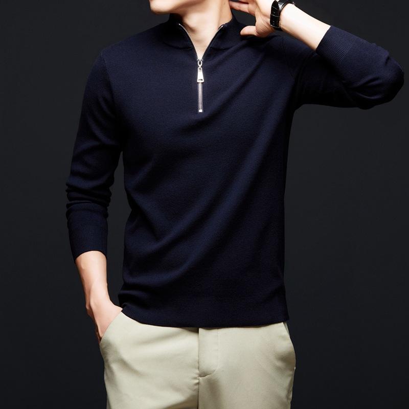 Spring And Autumn Men'S Sweater Thin Zipper Semi-Turtleneck Sweater Fashion Loose Dad Knitted Sweater Bottom Shirt