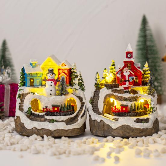 Christmas Igloo Ornaments Church Figurines with Rotating Train LED Lights Music Box Figurines Decorative Holiday Decor Festive Gift