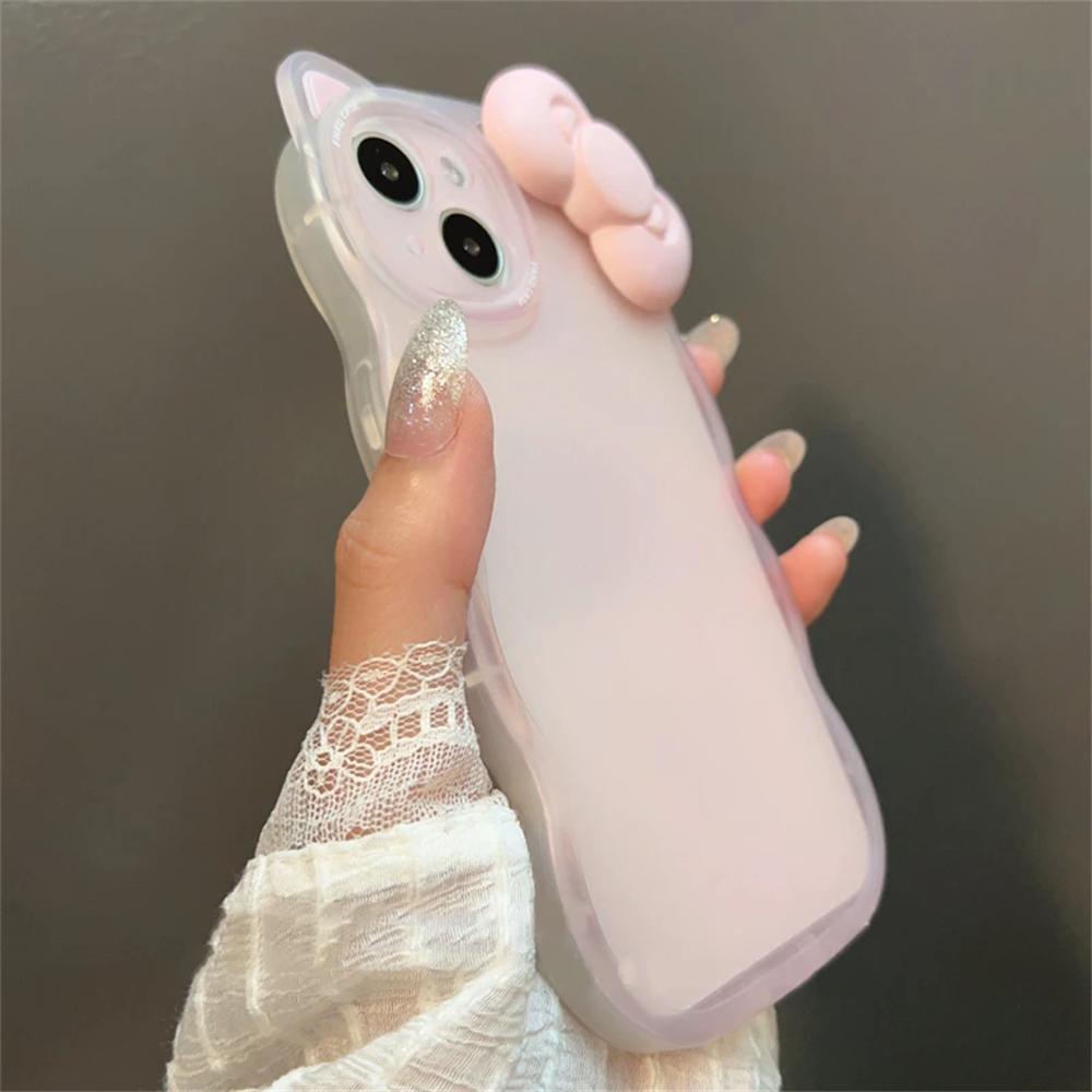 Carcasă Transparentă Roz Drăguță Coreeană cu Fundiță și Urechi de Pisică 3D, Ondulată, Pentru iPhone 17 16 15 14 13 Pro Max, Estetică Plăcută, Capac Moale Rezistent la Șocuri