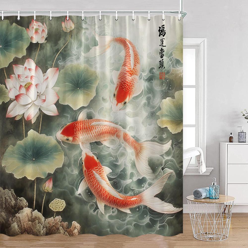 

Pink Flowers Koi Carp Shower Curtains Cherry Blossom Pond Watercolor Floral Bathroom Decoration Polyester Fabric Bathtub Curtain W60H190(CM)-1 Pcs