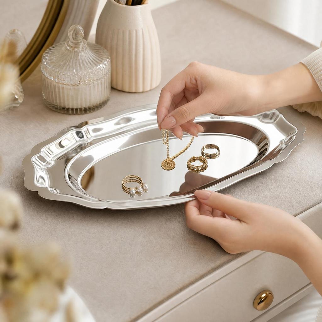Mirror-Polished Silver Tray Elegant for Tabletop Entertaining, Everyday Home Use