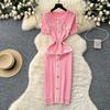 Xiaoxiangfeng Advanced Sense Fashionable Contrasting Color Metal Buckle Slim and Thin Dress Women's Summer Waist Temperament Sweater Skirt