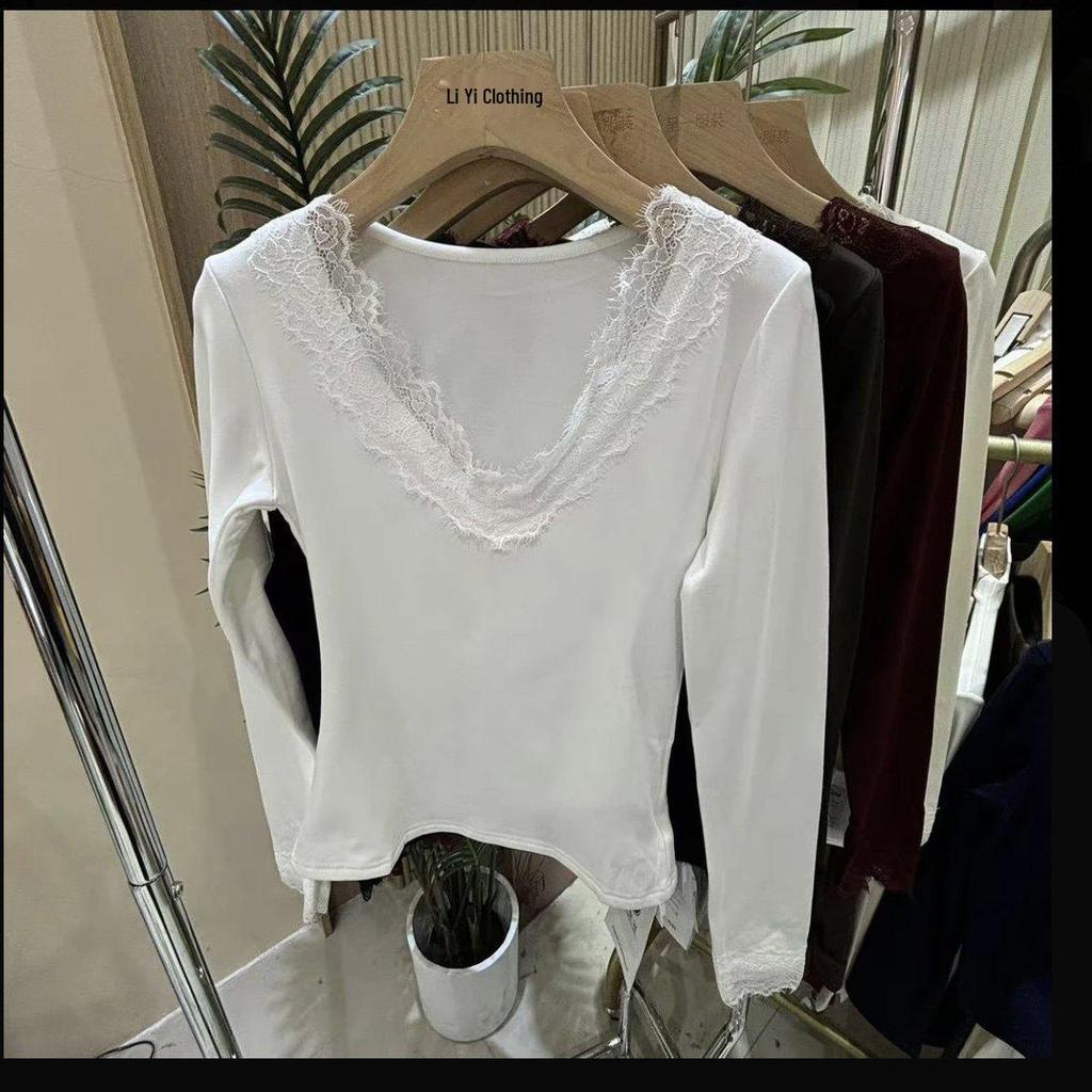 Women's Lace Trim V-Neck T-Shirt, Slim Fit, Long Sleeve, Ruffle Detail, Ideal for Spring and Autumn, Perfect As an Inner Layer.