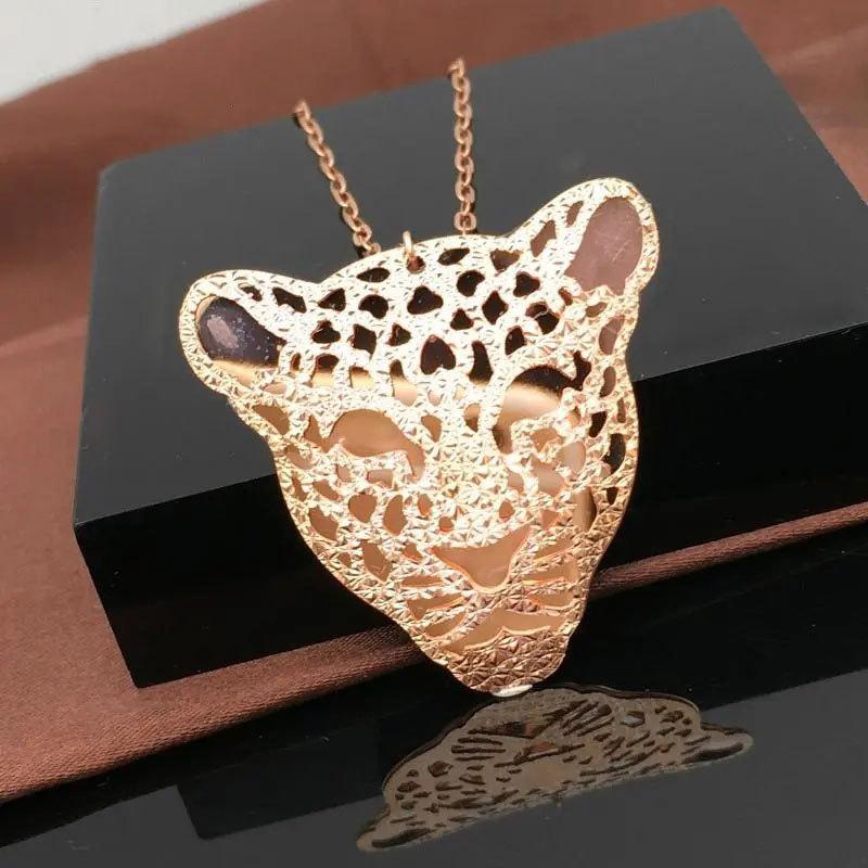 Exquisite Rose-Plated Hollow Big Leopard Head Pendant Russian Purple Gold Women'S Luxury Personalized 585 Colored Gold Necklace