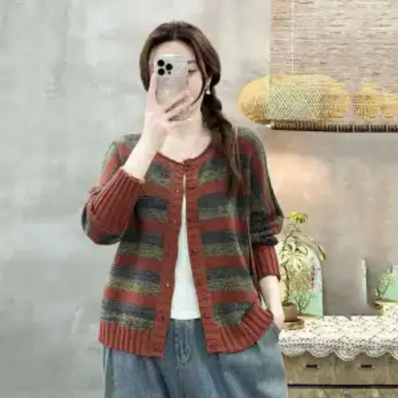 

Ретро Осень и Зима Полосатый Модный Универсальный Кардиган Литературный Однобортный С Круглым Вырезом Вязаный Свитер S красный