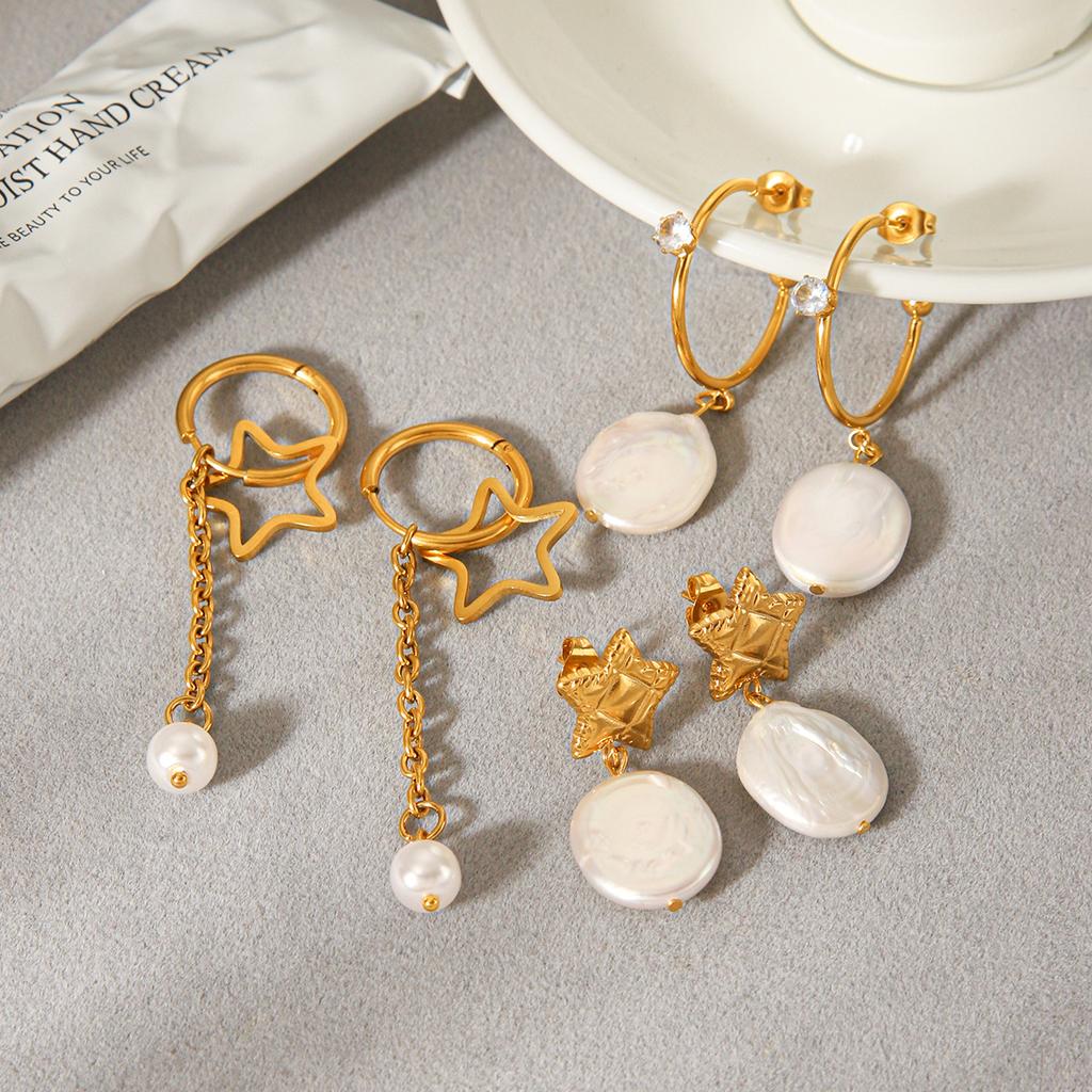 50/2000 French Vintage Star Earrings, Fashionable Versatile Pearl Tassel Studs, Titanium Steel Drop Earrings