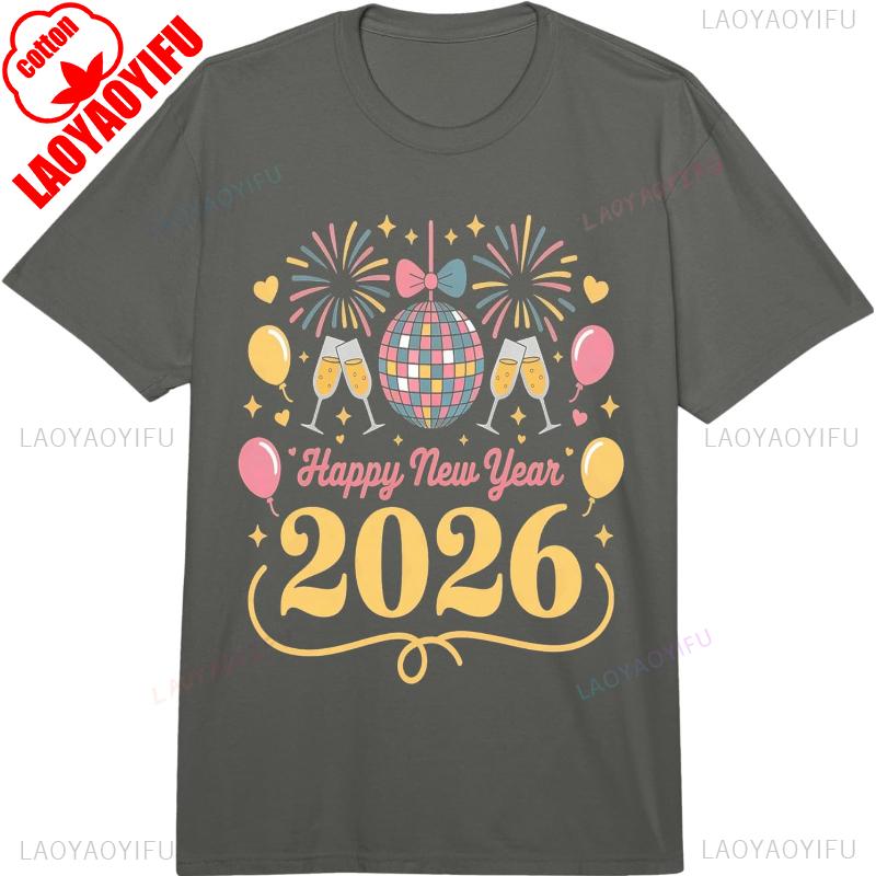 Happy New Year 2026 Celebration Party Lover Baloon Firework Short Sleeve Cotton Top All Seasons Casual Fashion Comfortable Tees