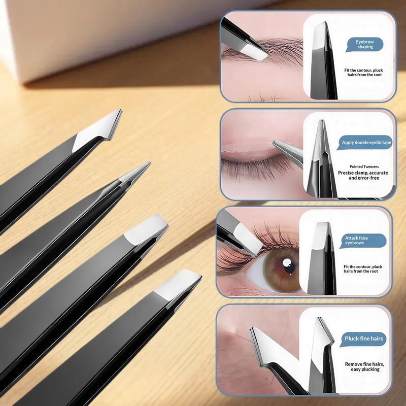 4 Pcs Stainless Steel Eyebrow Clip Tweezers Set Eyebrow Tweezers Eyebrow Trimming Set Beauty And Grooming Tools With Mirror Case