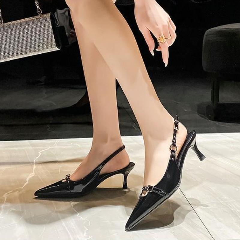Fashion Elegant Socialite Style High Heel Cropped Studded Patent Leather Sandals with Single Strap Round Toe Sharp Heel Niche Design