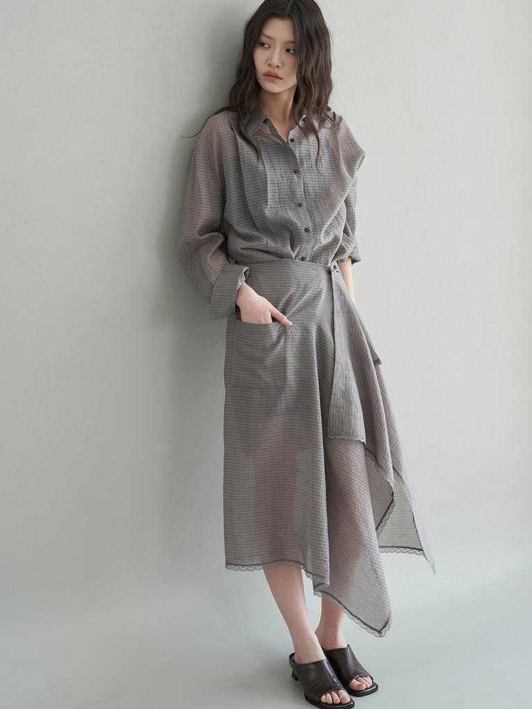 Dijainowol Tencel See-Through Shirt Lace Wrap Skirt Set Dress