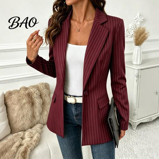 Giacca Casual da Donna a Righe con un Bottone, Giacca Traspirante da Lavoro Business Slim Fit, Cappotto a Maniche Lunghe con Collo a Lancia per l'Autunno