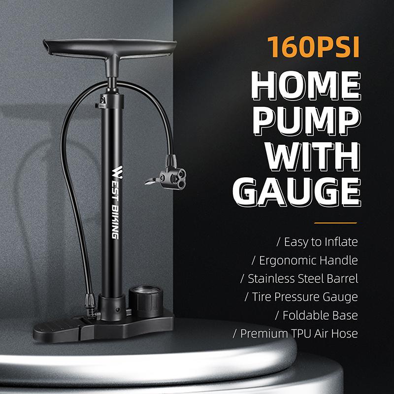 WEST BIKING High Pressure Bicycle Air Pump With Pressure Gauge 160 PSI Stainless Steel Floor Pump MTB Road Bike Tire Inflator