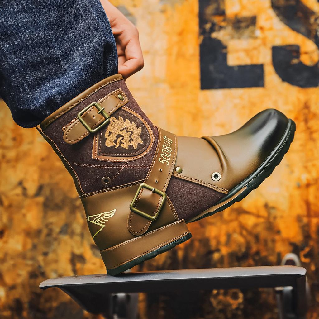 Herren Retro Ritterstiefel Herbst Neu Runde Spitze Metallschnalle Seitenreißverschluss Herrenstiefel Modetrend Lokomotivstiefel Große Größe 39-48