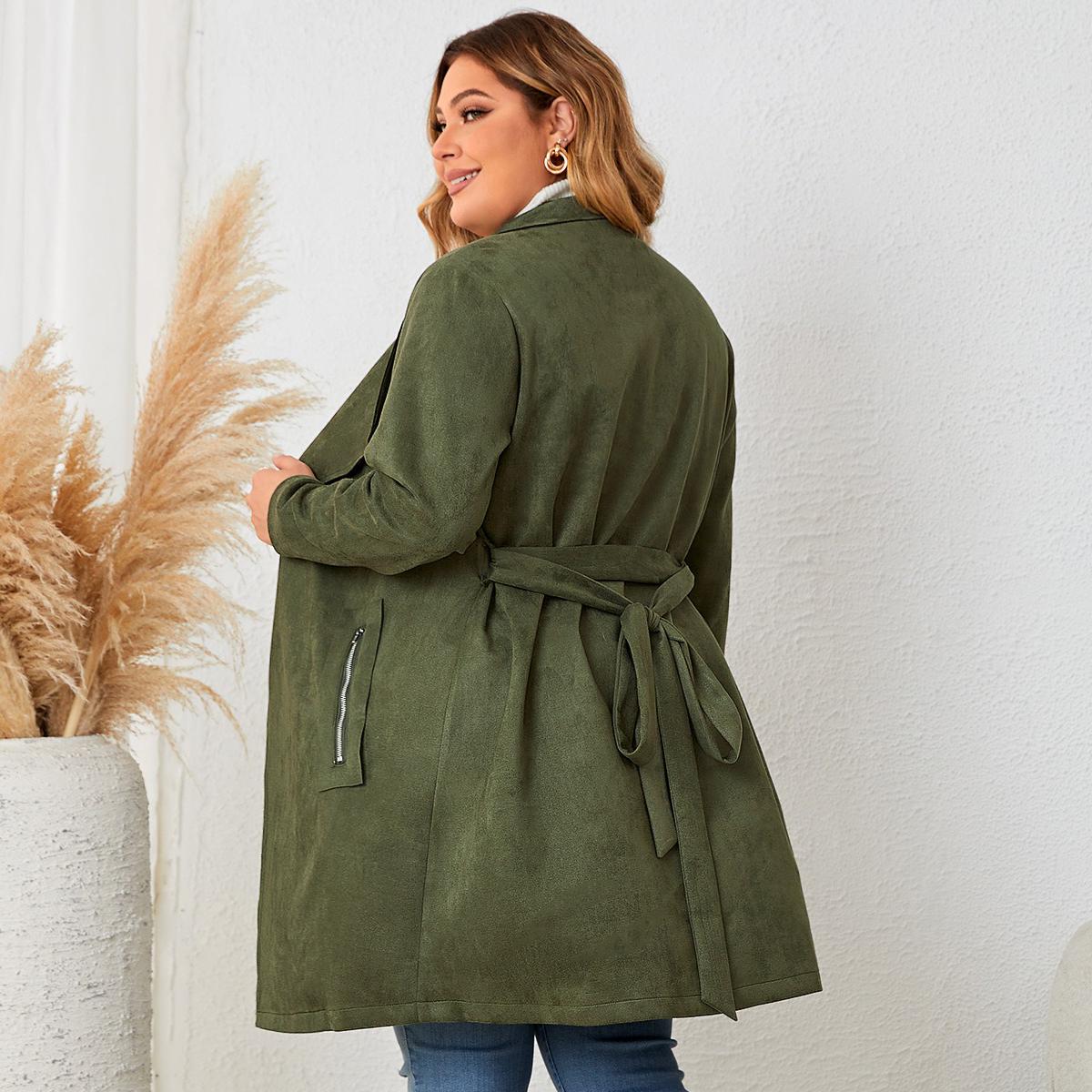 Женское однотонное пальто с завязками на талии и карманом на молнии с длинным рукавом — фото 5