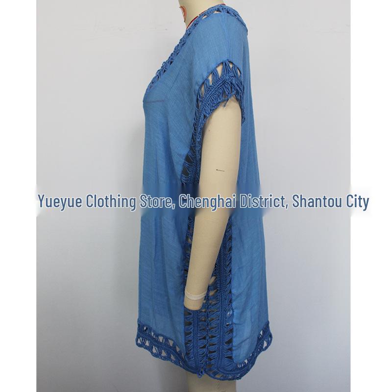 Cross-Border Solid Color Crochet Bamboo Patchwork Neckline Beach Cover-Up