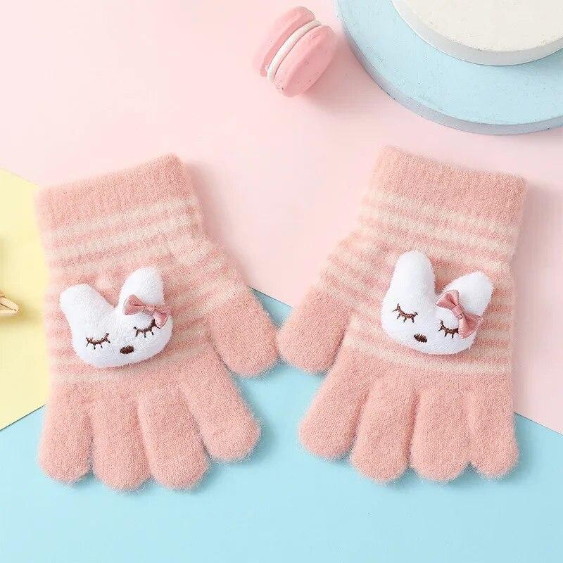 1Pairs Cute Cartoon Rabbit Bear Winter Warm Kids Gloves Kindergarten Boys Girls Five Finger Knitted Gloves for 3 To 6 Years