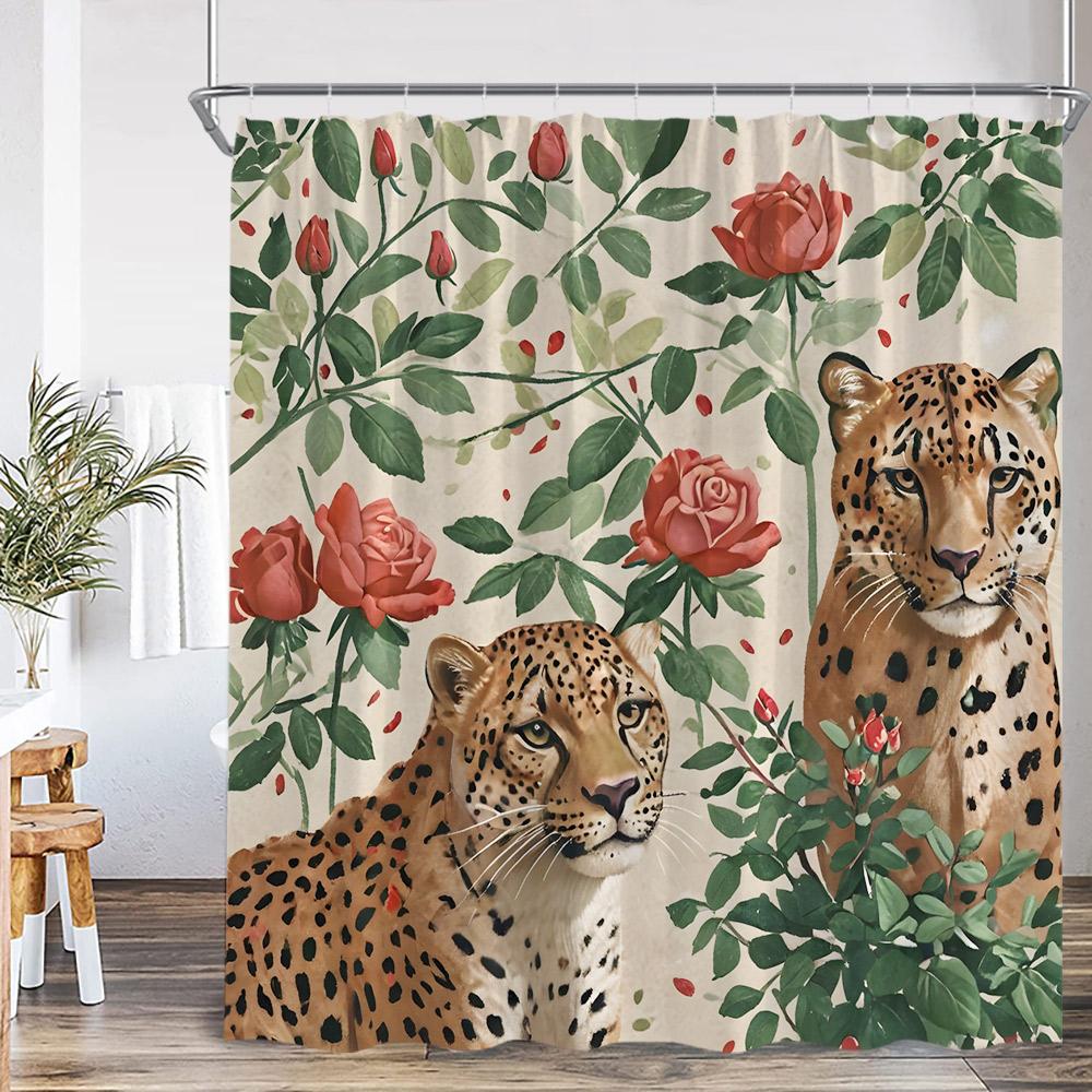 Leopard Floral Shower Curtain Bathing Wild Animal Print Green Leaf Flower Elegant Panther Bathroom Decor Modern Bath Curtain