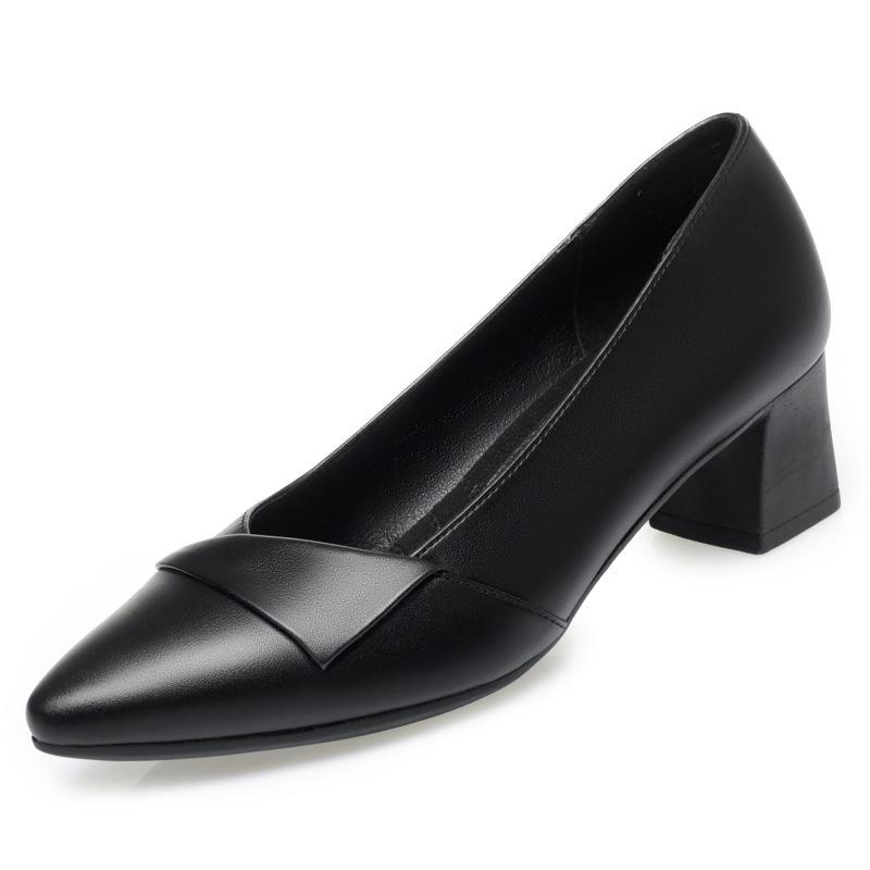 Spring and Autumn Soft-Soled Comfortable Solid Color Versatile Mid-Heel Women's Leather Shoes Chunky Heel Work Shoes Professional Single Shoes