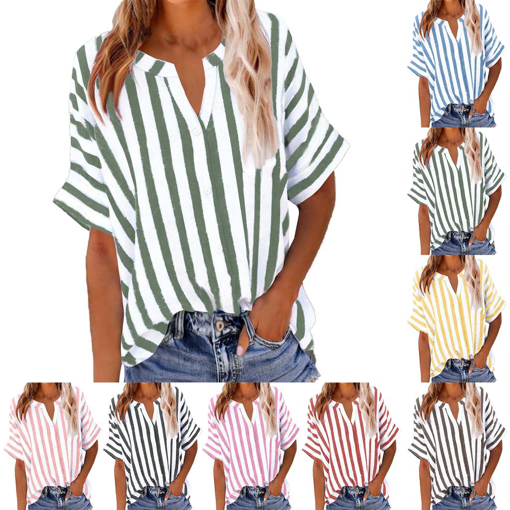 Women's Fashion Loose-Fit V-Neck Button-Down Striped Contrast-Color Short-Sleeve Shirt