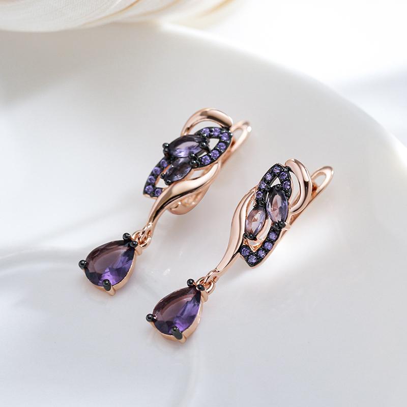 Purple Natural Zircon Long Drop Earrings For Women Unique  Rose Gold And Black Plating Vintage Wedding Jewelry