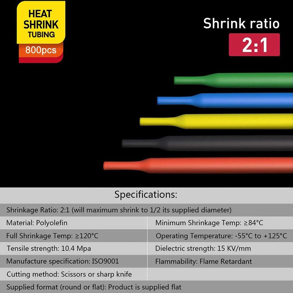 530/560/580/800PCS Heat Shrink Tubing 2:1 Electrical Wire Cable Wrap Assortment Electric Insulation Heat Shrink Tube Kit