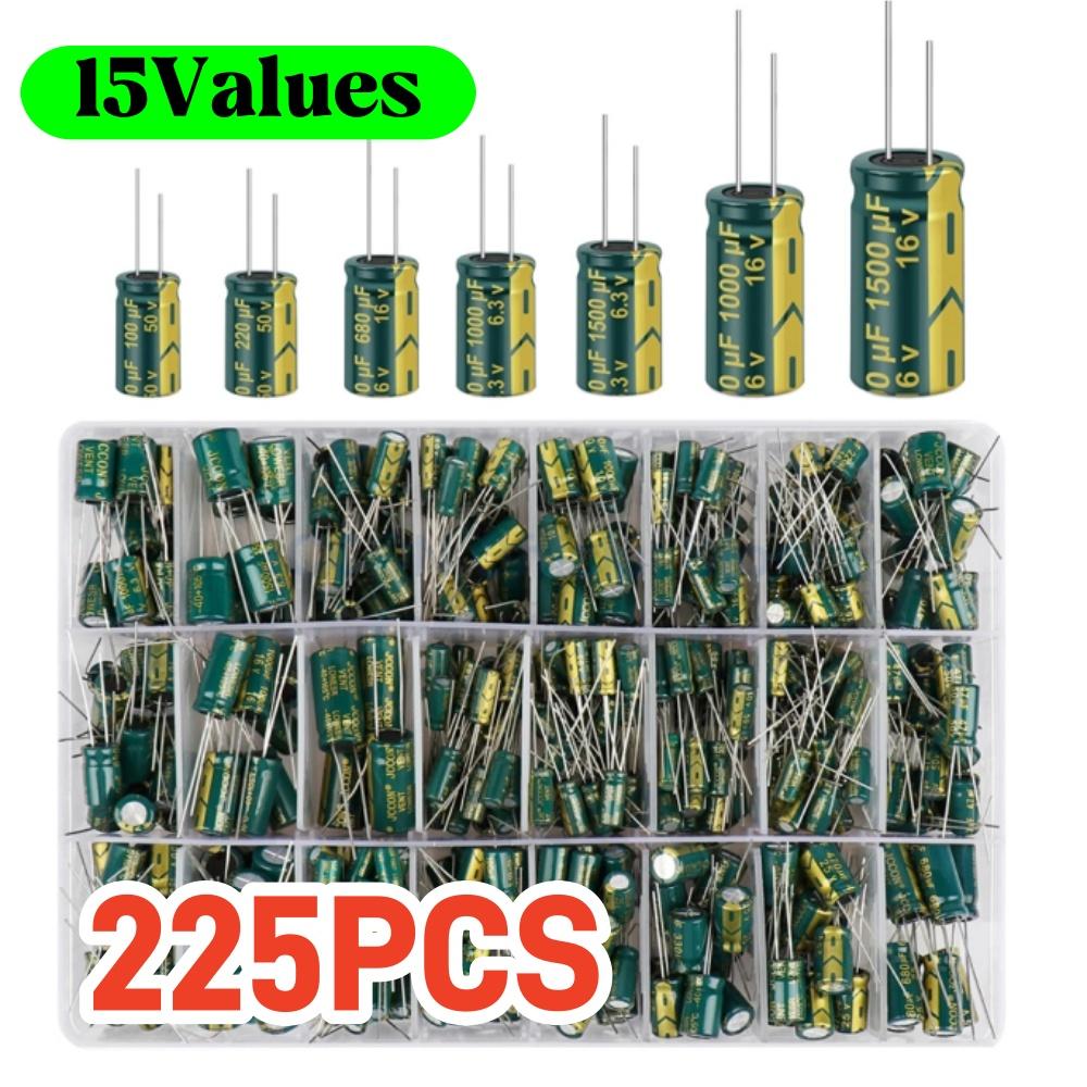 225Pcs/Box Capacitor Kit Aluminum Electrolytic Capacitors Set 15Values 16V-50V 1uF-470uF Assorted Kit Storage Low ESR