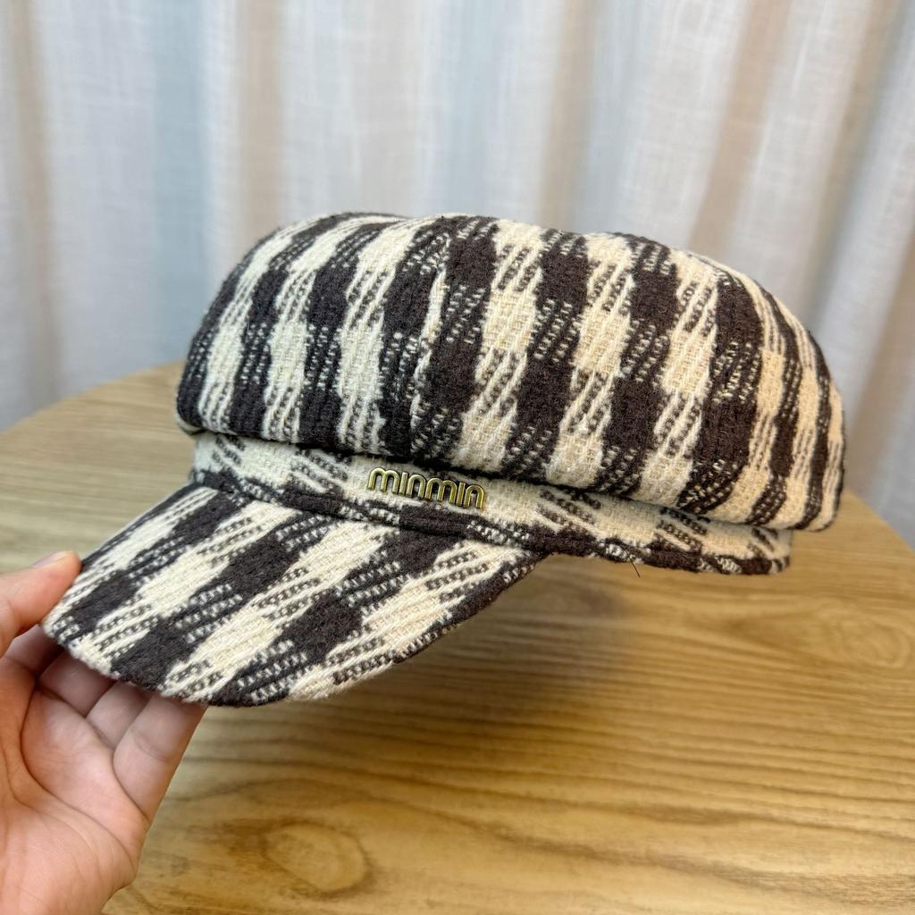Plaid Octagonal Hat Autumn and Winter New Hat Female Painter Hat British Korean Version Trendy Beret Soft Top Short Brim Peaked Hat