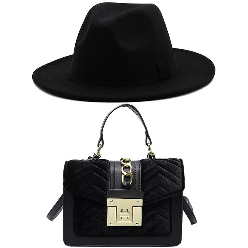 J20129 Women s Cashmere Wide Brim Felt Hat Fashion Hat New Bag Golden Velvet Handbag Wool Fedora Hat Set чёрный