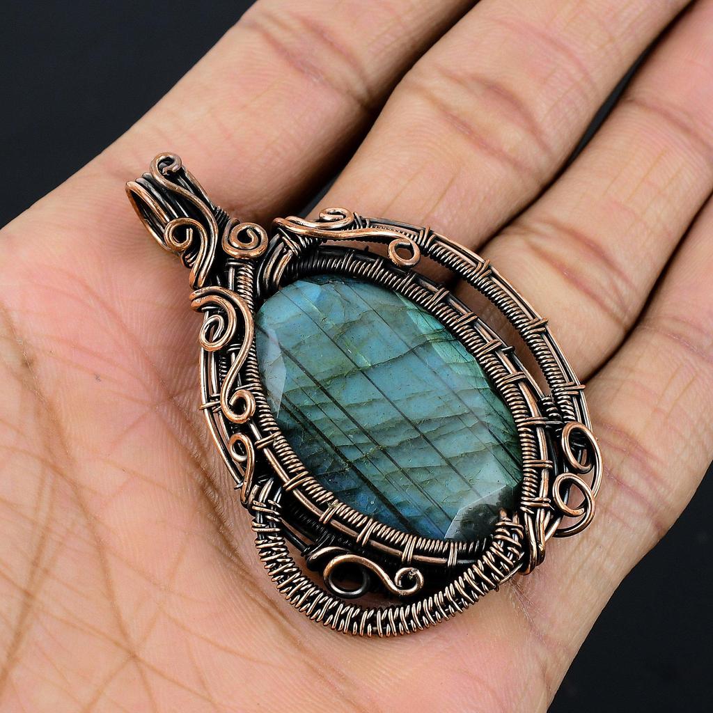 Labradorite Pendant, Handmade Gemstone 999 Copper Wire Wrapped Pendant Antique Jewelry, For Gift Silver Jewelry