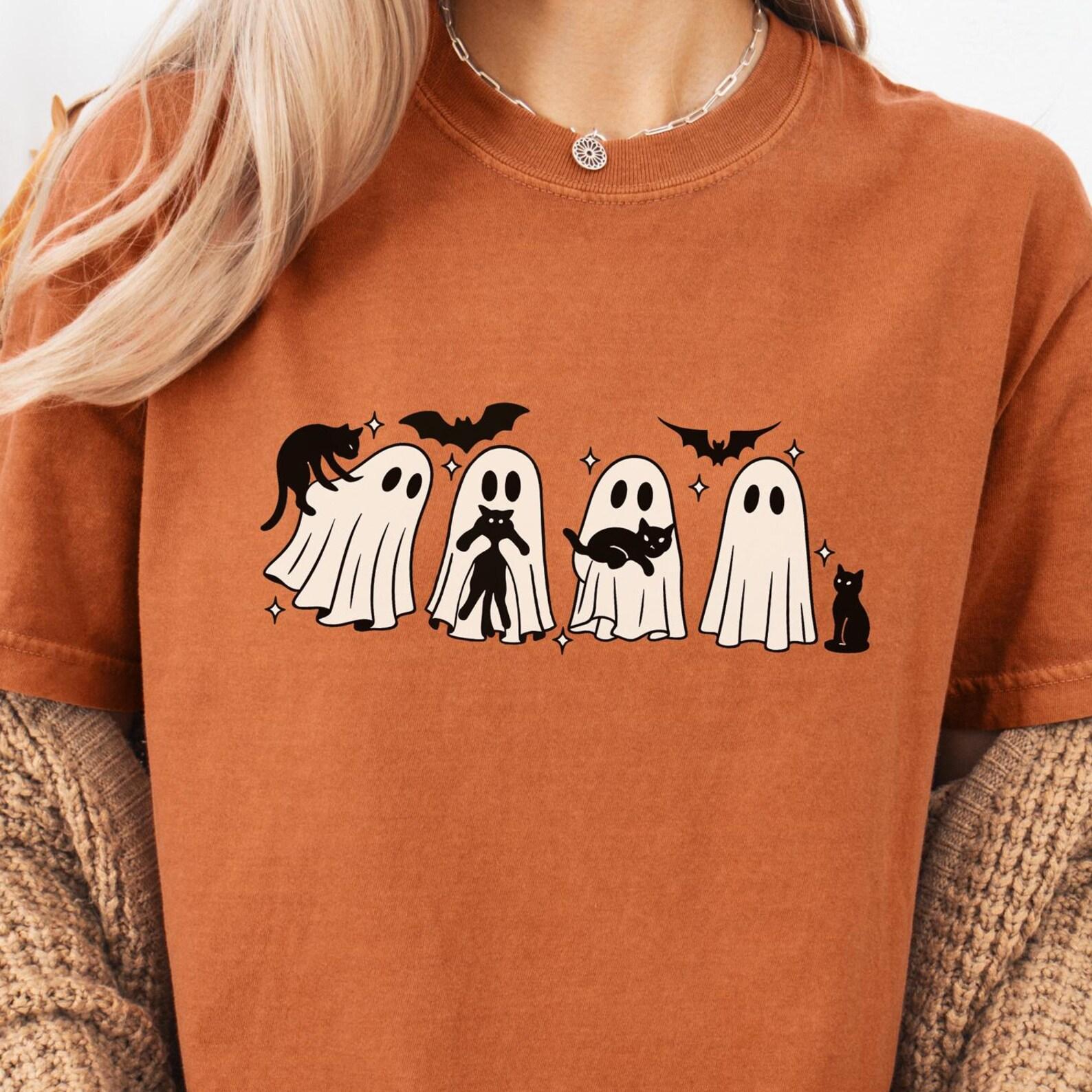 Halloween Black Cat & Ghost Comfort Colors Shirt: Spooky Season Tee S