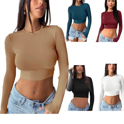 Dámské jarní a podzimní žhavá dívka Jednobarevné tričko s kulatým výstřihem Slim Fit s otevřeným pupečním dlouhým rukávem Dámské oblečení