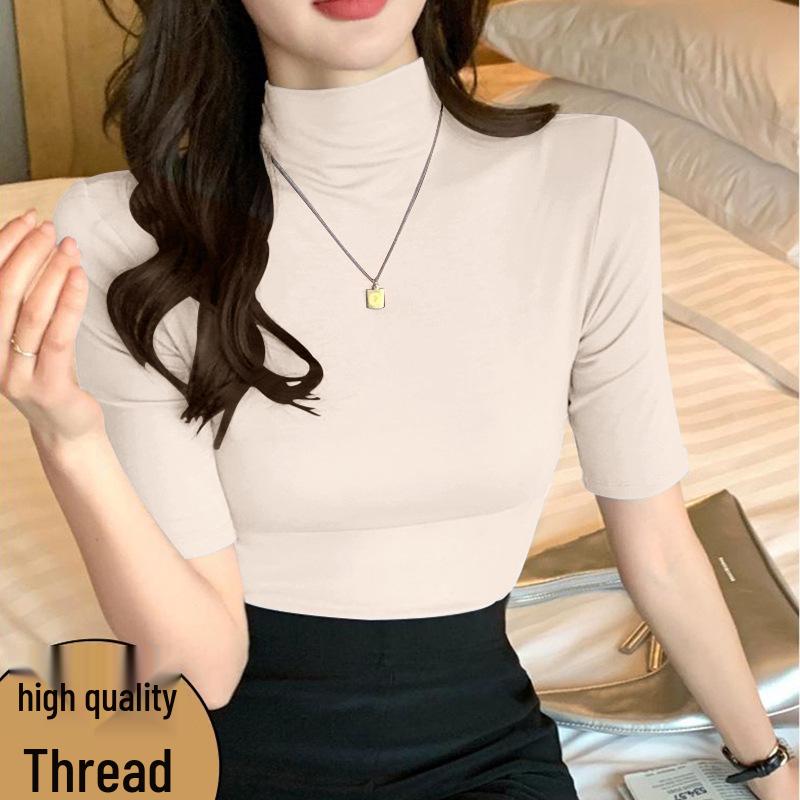 Early Spring Ribbed Slim Fit Mid-Sleeve High Neck Stylish Base Layer Top