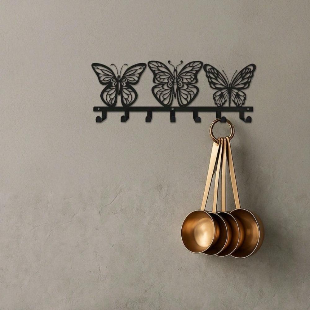 Modern Butterfly Wall Mount Key Holder 7 Hooks Space Saving Black Metal Key Organizer