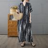 Summer Black Striped Foreign Trade Cotton and Linen V-neck Short-sleeved Long Loose Casual Large-size Dress Women's Clothing