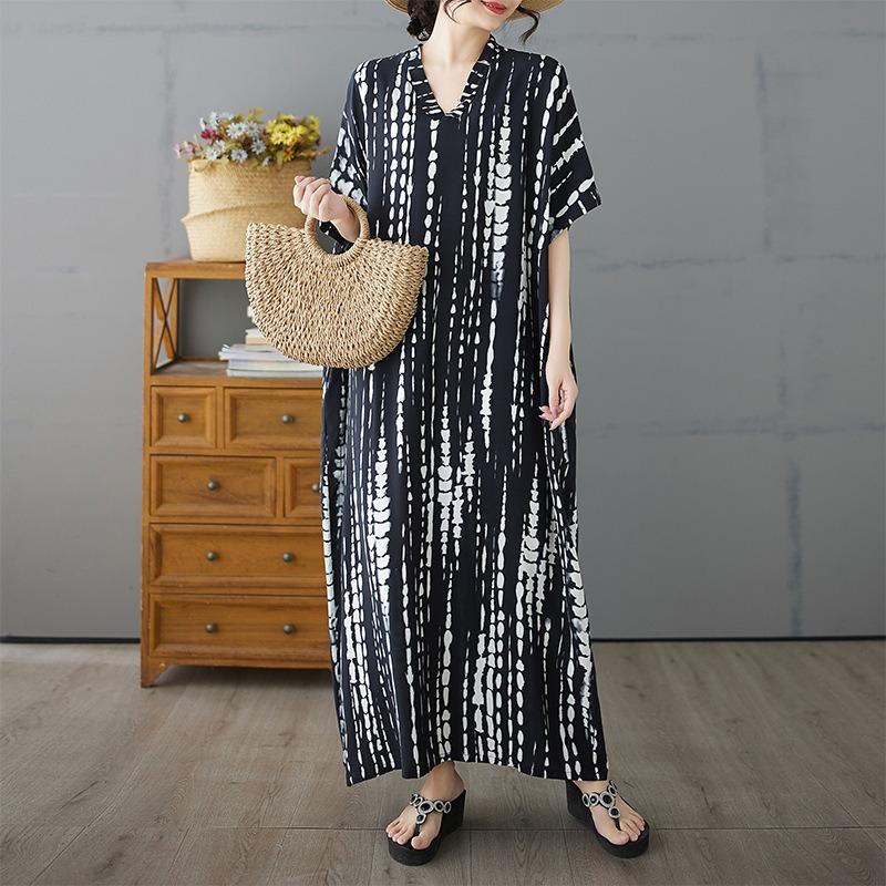 Summer Black Striped Foreign Trade Cotton and Linen V-neck Short-sleeved Long Loose Casual Large-size Dress Women's Clothing