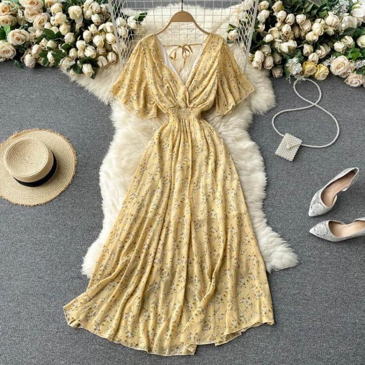 Women Summer Floral V Neck Long Dress High Waist Ruched A Line Short Sleeve