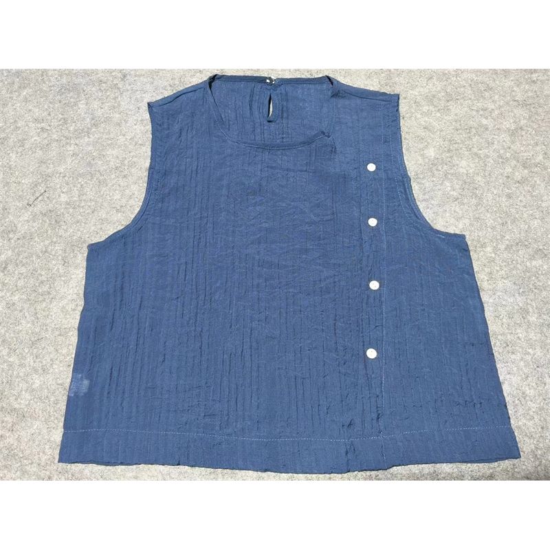 

Natural Tencel Linen Thin Cool Vest Female 2024 Summer New Arrival Oblique Placket Button Sleeveless round Neck Vest Blue All yards