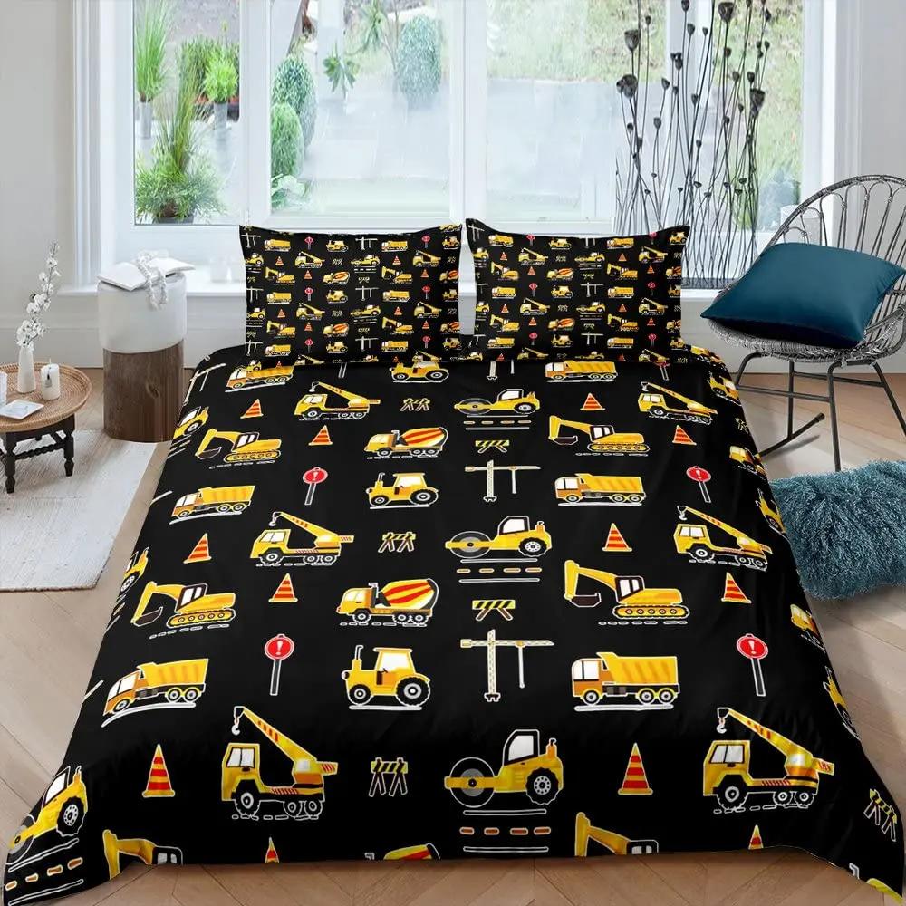 Truck Excavator King Queen Duvet Cover Yellow Tractor Bedding Set For Kids Boys Girls Cartoon Car Transporter 2/3Pcs Quilt Cover