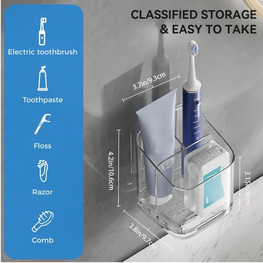 1pc Transparent Wall-Mounted Toothbrush Holder (with Divided Compartments & Drainage Design) Bathroom Space-Saving Storage Accessory