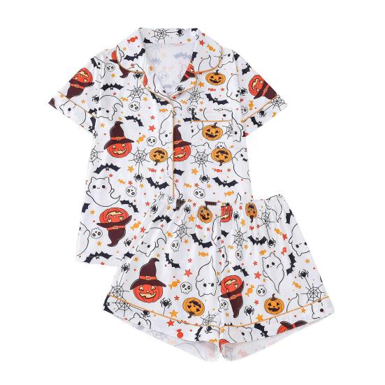 Halloween Women Pajamas Set Ghost Pumpkin Print Short Sleeve Button Down Shirts And Shorts Sleepwear Set 2 Piece Loungewear Pjs Short Set