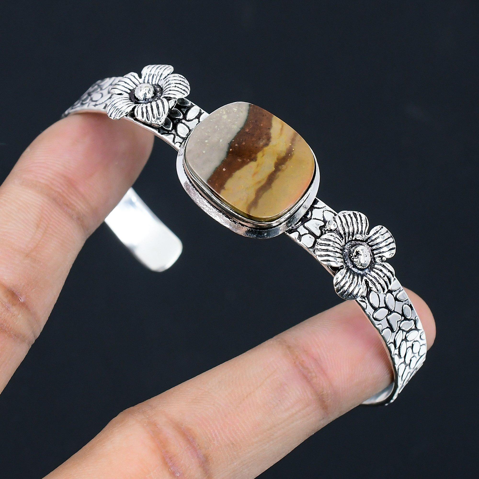 

Mothers day Deal Sterling Silver Landscape Jasper Stone Flower Wedding Bangle Adjustable