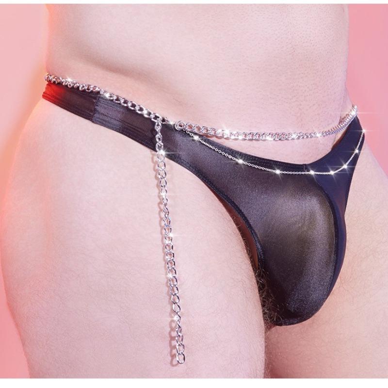 Metal Chian Oil Glossy T-Back Thong G-String Mens Sexy Low Rise Lingerie Underwear Ultra-Thin U Convex Breathable Smooth Panties