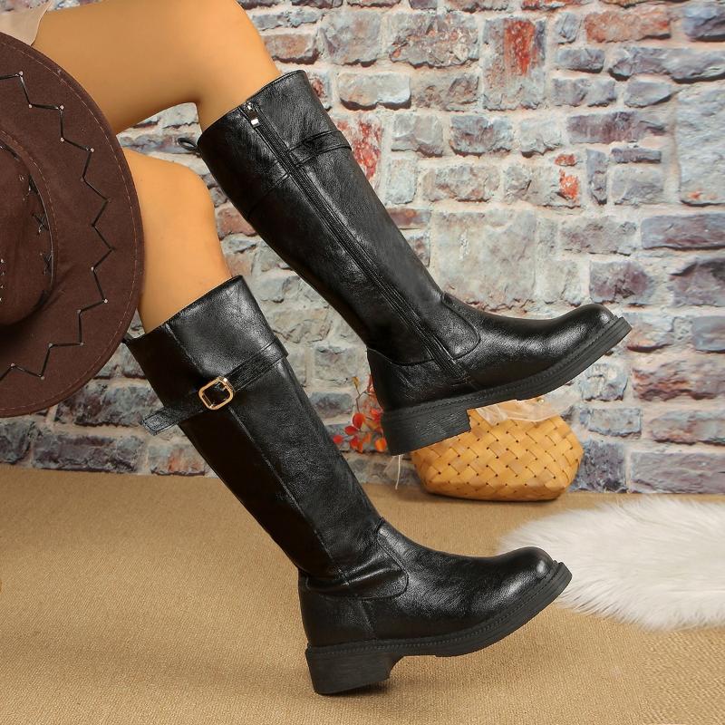 

Vintage Black Women Knee High Boots Big Size Low Heels Platform Long Boots Autumn Winter Pu Leather Zip Women Warm Booties 40