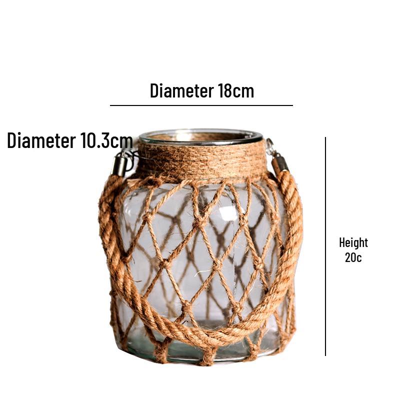 Retro Dried Flower Arrangement Glass Vase with Hemp Rope – Transparent Desktop Ornament for Home Decor