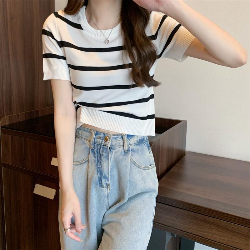 Tenké retro pruhované pletené tričko s kulatým výstřihem a krátkým rukávem, letní topy, dámské ležérní, základní pohodlí a styl, slim fit svetry, trička