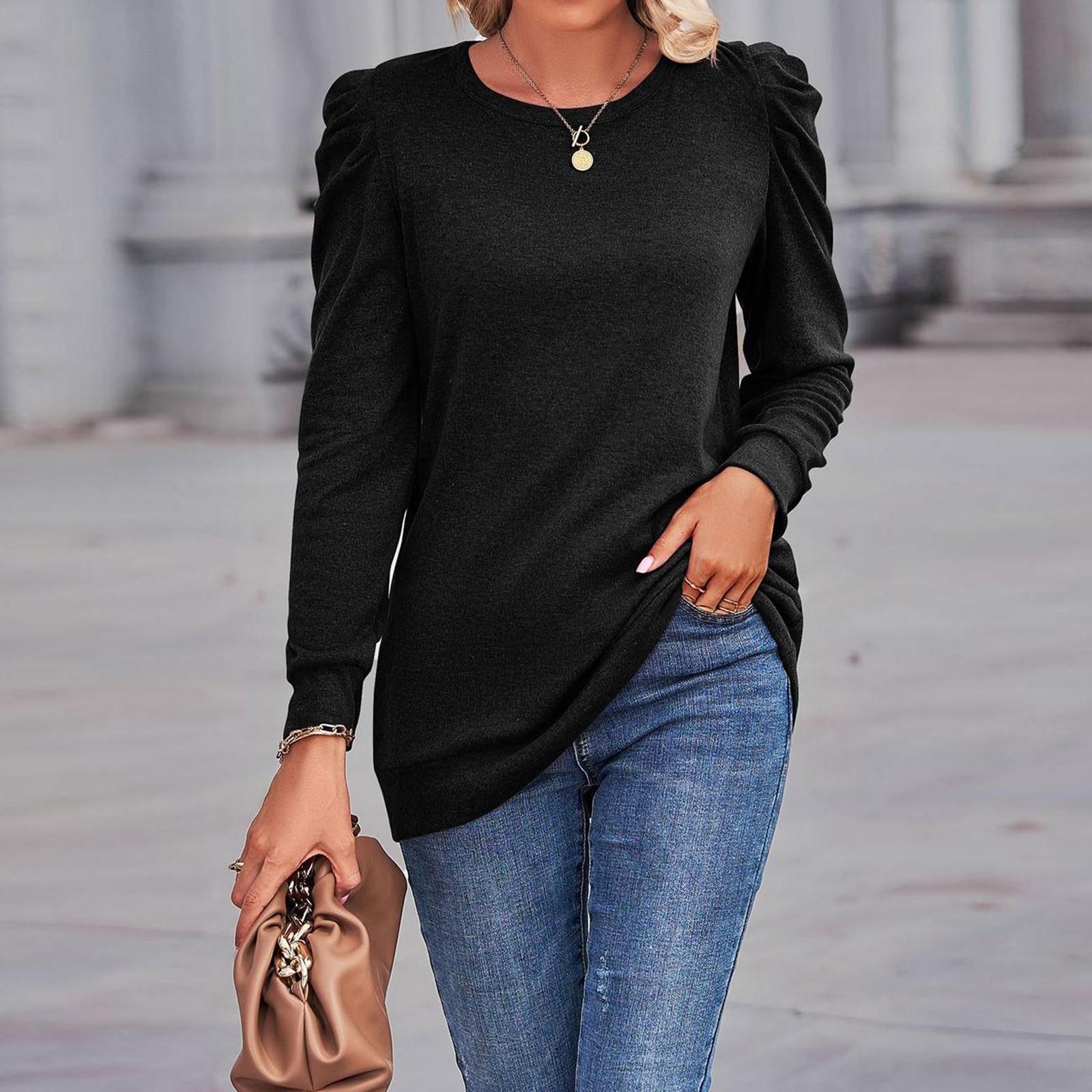 

Женские повседневные модные свободные топы с пышными рукавами и круглым вырезом, топы с длинными рукавами L чёрный