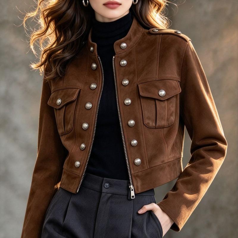 Vintage Suede Short Jacket Women's Maillard Stand-Up Collar Heavy Industry Gold Button Tooling Jacket