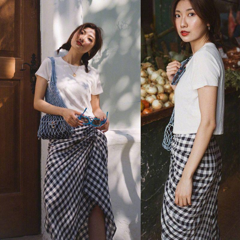 Spring and Summer New European and American Fashion Blogger Street Shot Same Style Gingham Drawstring Ruffle Split Skirt Bodycon Dress