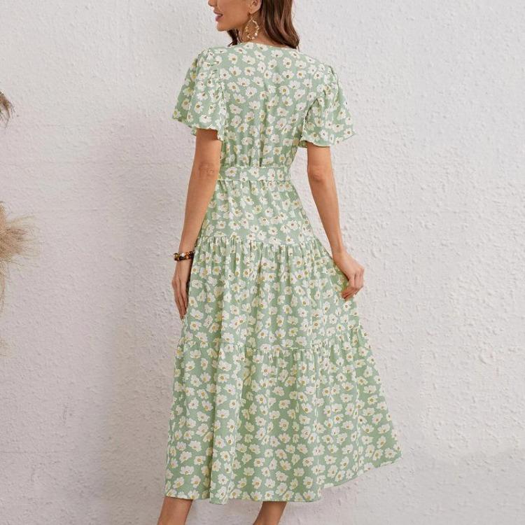 Women Summer Floral Print Long Dress Casual V Neck Short Sleeve A Line Bandage Chiffon Dress Sizes S To XXL