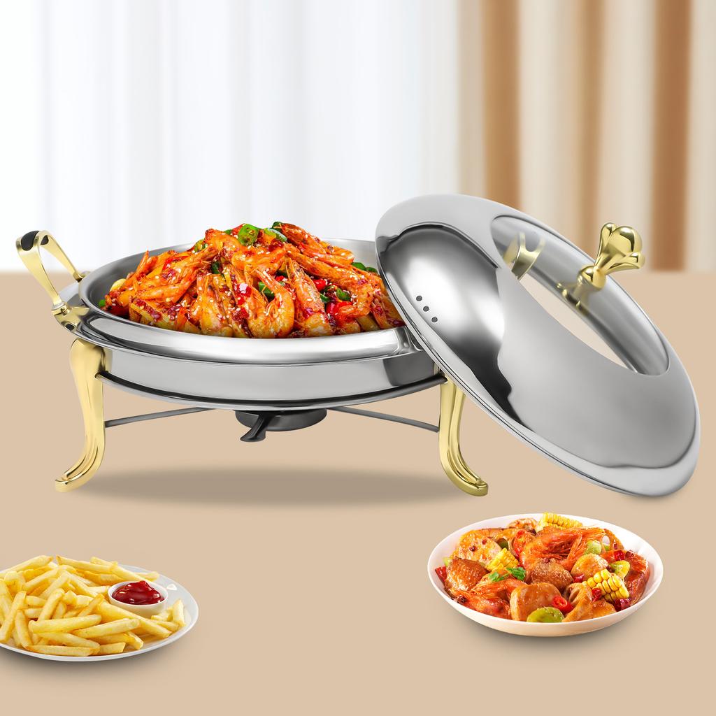 Bymaocar 2.5L Round Stainless Steel Chafing Dish, Golden Dining Stove 26cm, Buffet Warmers with Fuel Holder for Hotels,weddings